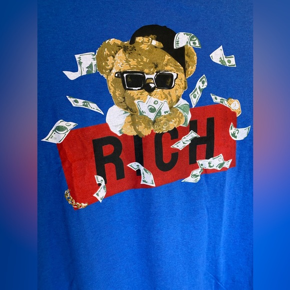 “Rich” Money Teddy Bear Tee Men’s Sz L Blue Graphic T-Shirt ONE BRAND MSRP $26 - Picture 2 of 7